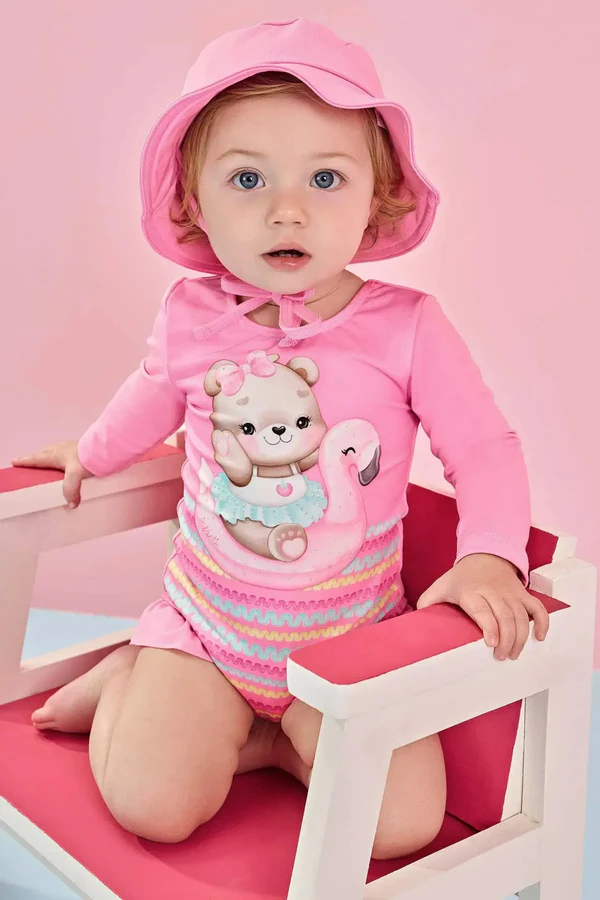 Maiô com Chapéu em Malha Uv Dry com Proteção Uv 50+ Infanti Bebê Menina