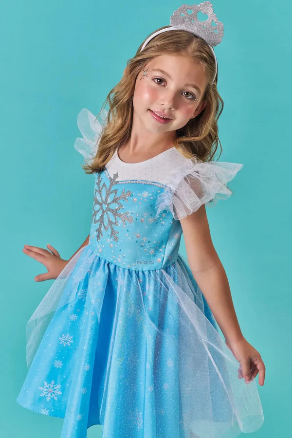 Fantasia de Princesa Do Gelo Elsa Frozen em Fly Tech e Tule Glitter. Acompanha Tiara Infanti Infantil Menina