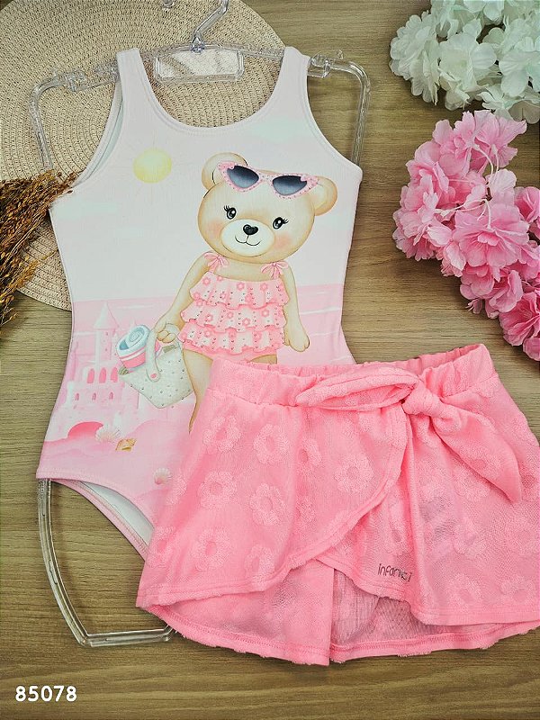 Conjunto de Maiô em Malha Uv Dry com Proteção Uv 50+ com Saia em Malha Atoalhada Infanti Infantil Menina