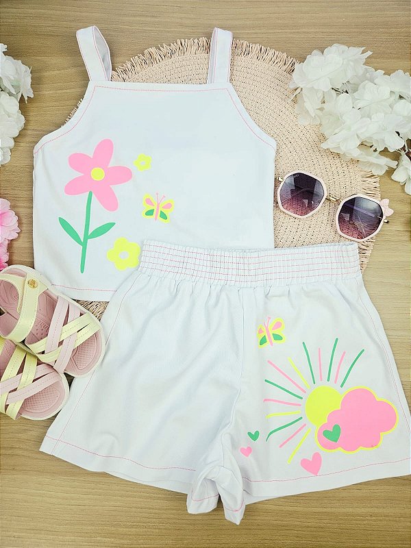 Conjunto Regata e Short em Sarja Florzinha Mon Sucré