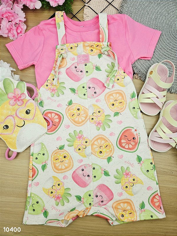 Conjunto Blusa Jardineira e Mochilinha Frutinhas Cinti