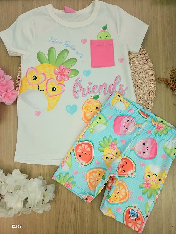 Conjunto Blusa Alongada e Short Biker Frutinhas Cinti