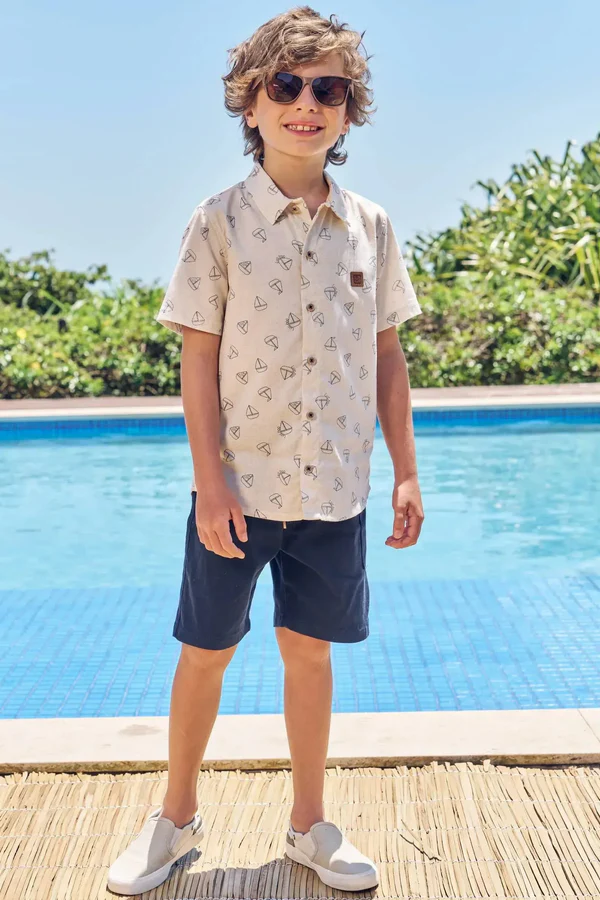 Conjunto de Camisa em Linho Deluxe e Bermuda em Sarja Caribe com Elastano LucBoo Infantil Menino