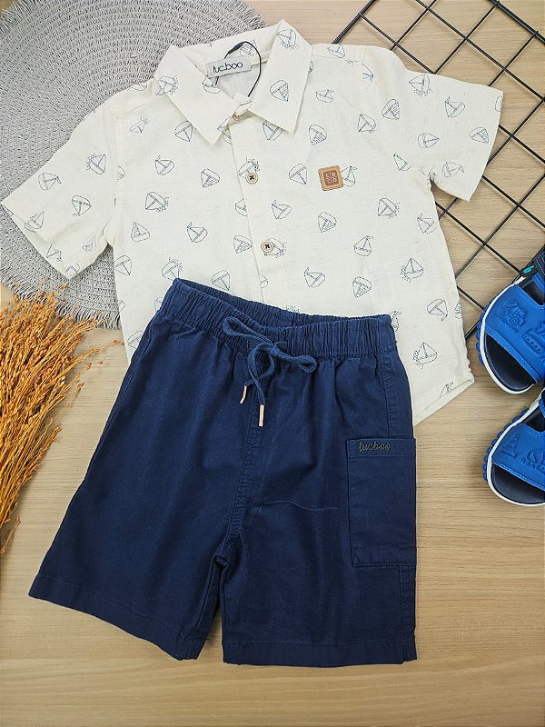 Conjunto de Camisa em Linho Deluxe e Bermuda em Sarja Caribe com Elastano LucBoo Infantil Menino