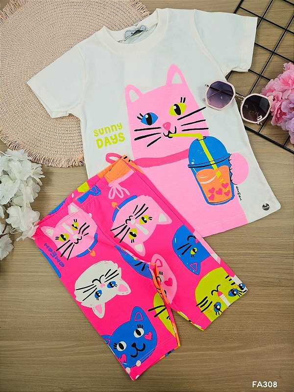 Conjunto Blusa Alongada e Short Biker Gatinho Bimbi