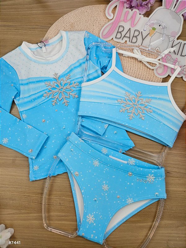 Trio de Blusa e Biquini em Malha UV Dry com Proteção UV 50+ Frozen Infanti