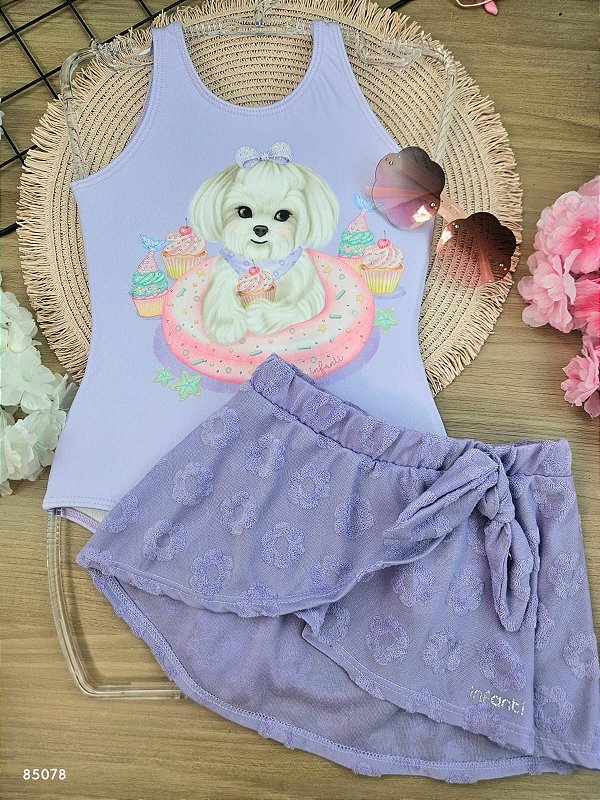 Conjunto de Maiô em Malha Uv Dry com Proteção Uv 50+ com Saia em Malha Atoalhada Infanti Infantil Menina