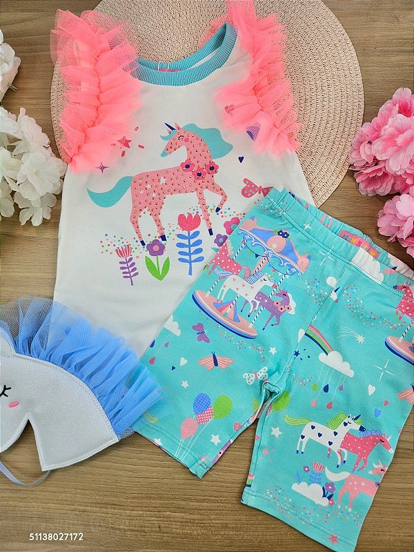 Conjunto Blusa Alongada e Short Biker Unicórnio Mon Sucré
