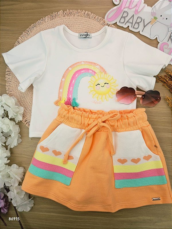 Conjunto de Blusa Boxy em Malha Power e Short Saia em Moletom sem Pelúcia Infanti Infantil Menina