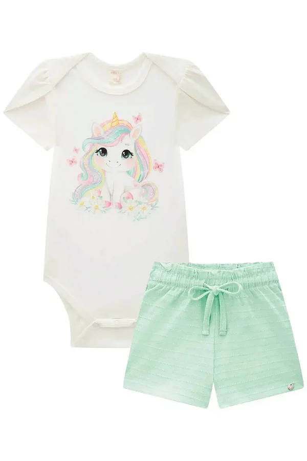 Conjunto de Body em Cotton com Shorts em Malha Textura Infanti Bebê Menina