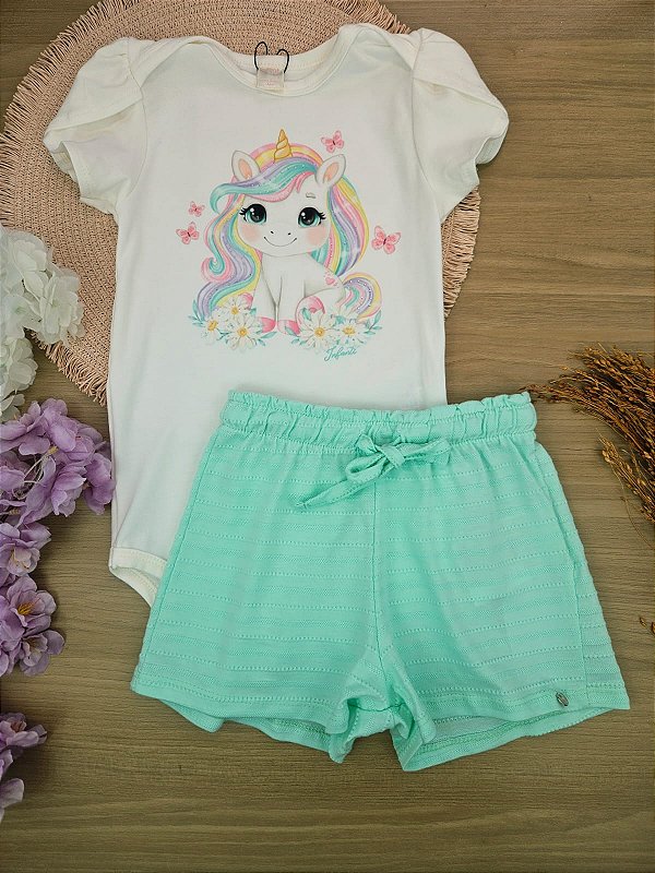 Conjunto de Body em Cotton com Shorts em Malha Textura Infanti Bebê Menina