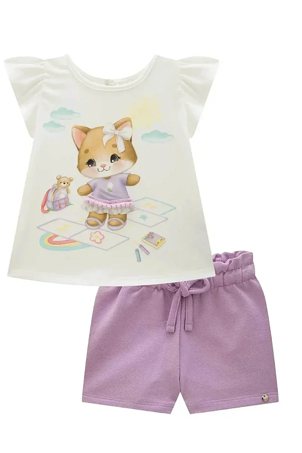 Conjunto de Malha Fresh com Shorts em Moletom sem Pelúcia Infanti Bebê Menina