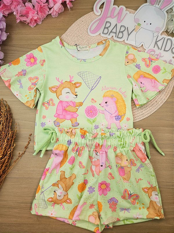 Conjunto de Blusa Boxy e Shorts em Malha Fresh Kukiê Infantil Menina