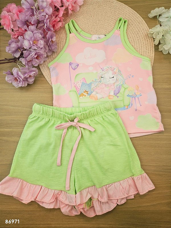 Conjunto de Pijama de Regata em Meia Malha e Shorts em Meia Malha Flamê Kukiê Infantil Menina