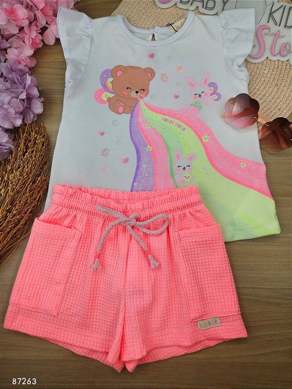 Conjunto de Bata em Meia Malha e Shorts em Malha Big Waffle Kukiê Bebê Menina