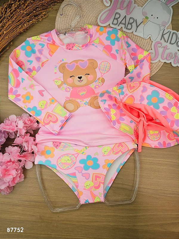 Conjunto de Blusa Calcinha e Chapéu em Malha com Proteção UV50+ Kukiê Bebê Menina