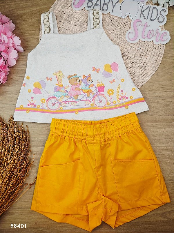 Conjunto de Bata em Malha Power e Shorts em Tricoline com Elastano Kukiê Infantil Menina