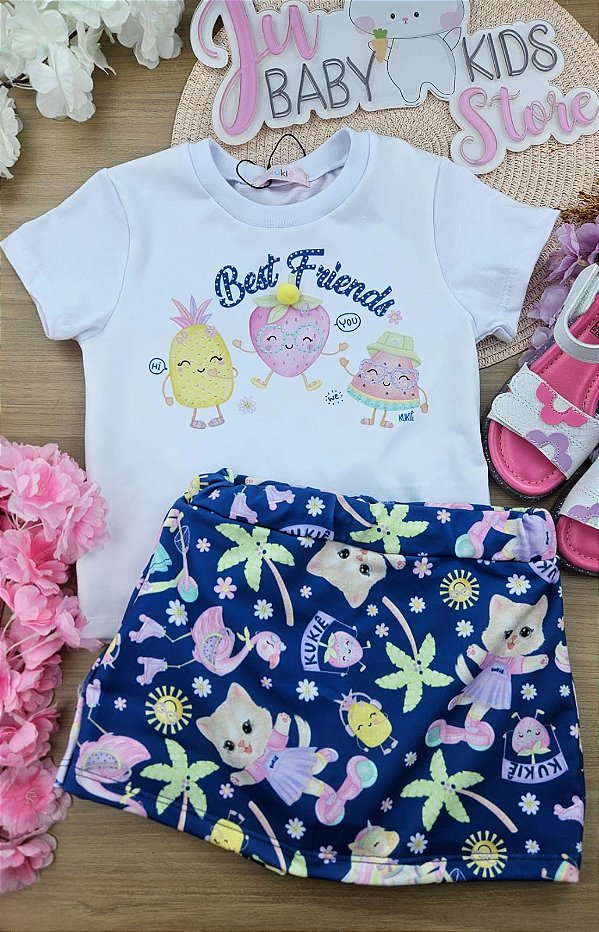 Conjunto de Blusa em Meia Malha e Shorts Saia em Molecotton Kukiê Infantil Menina