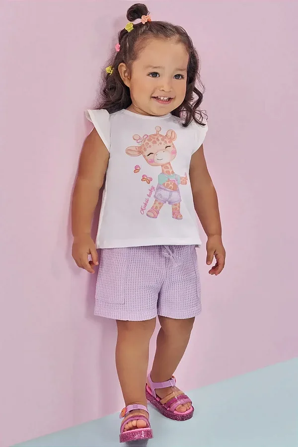 Conjunto de Bata em Meia Malha e Malha Big Waffle Kukiê Bebê Menina