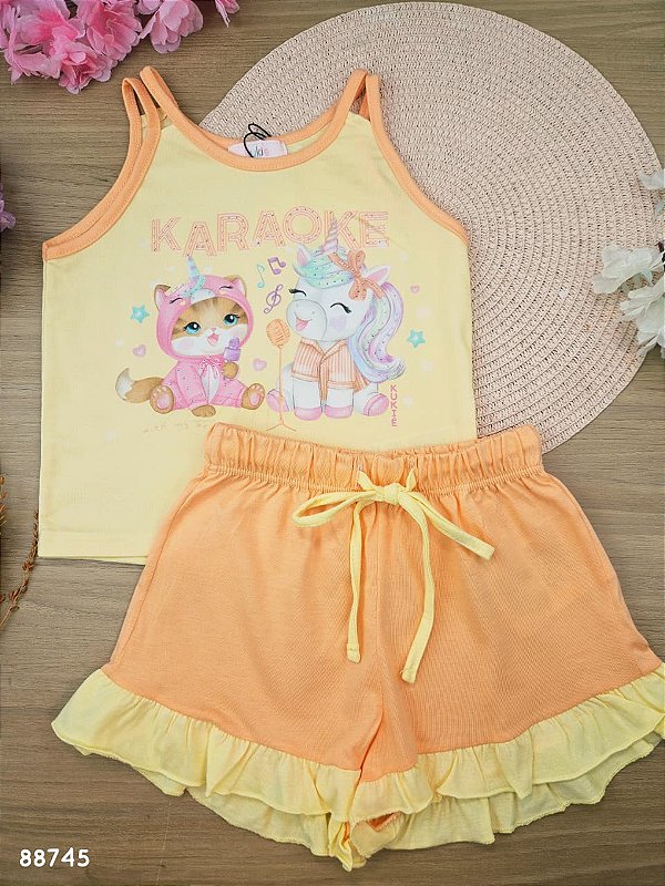 Conjunto de Pijama de Regata em Meia Malha e Shorts em Flamê Kukiê Infantil Menina