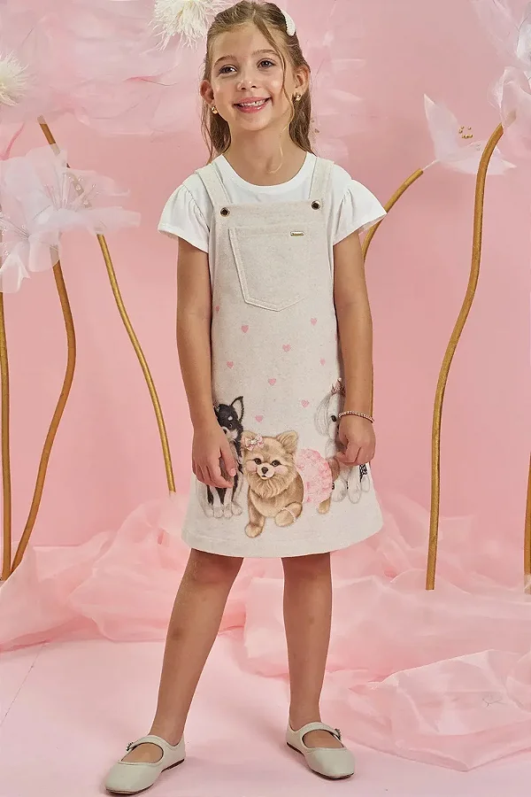 Conjunto de Blusa em Meia Malha e Salopete em Moletom Linho Infanti Infantil Menina