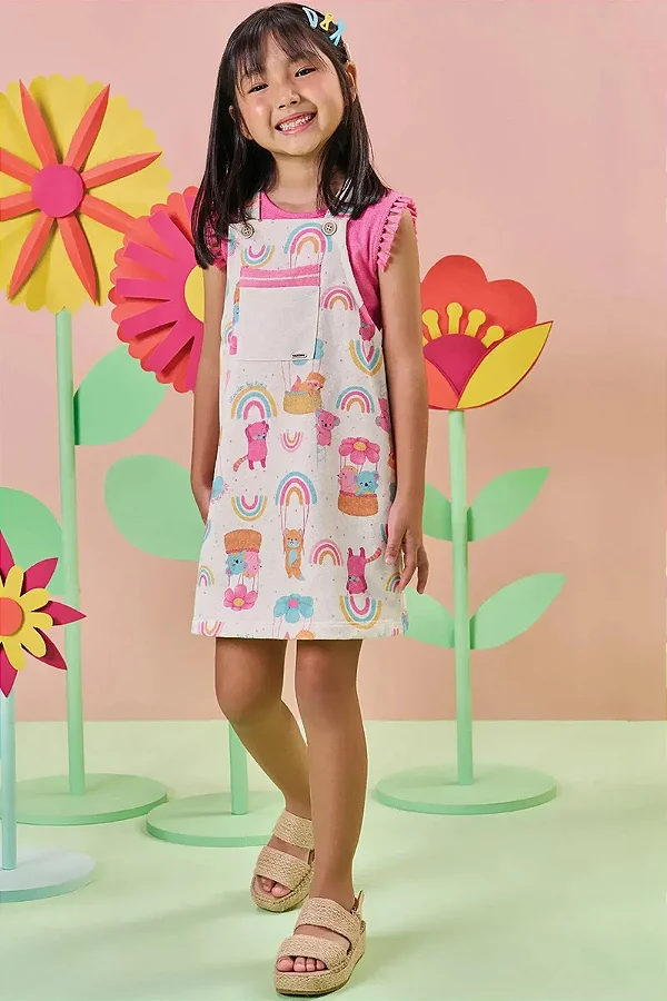 Conjunto de Blusa em Malha Little Waffle e Salopete em Moletom sem Pelúcia Kukiê Infantil Menina