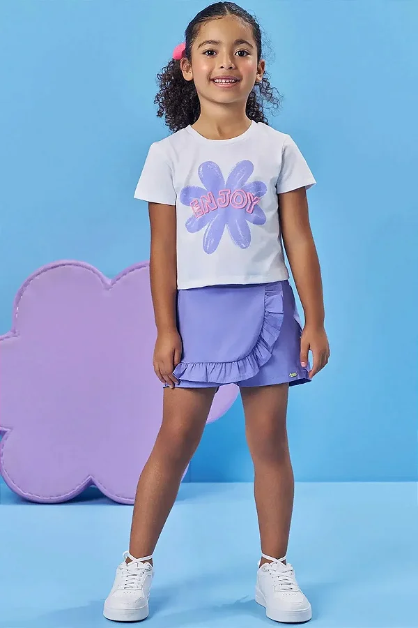 Conjunto de Blusa Boxy em Meia Malha e Shorts em Tricoline com Elastano Kukiê Infantil Menina