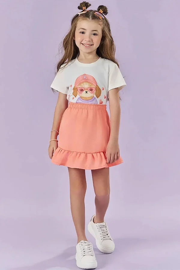 Conjunto de Blusa em Malha Power e Short Saia em Tecido Alfaiataria Kukiê Infantil Menina