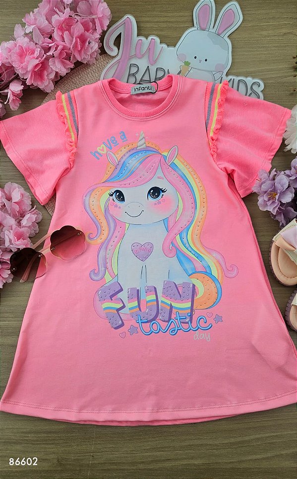 Vestido em Meia Malha Unicórnio Infanti Infantil Menina