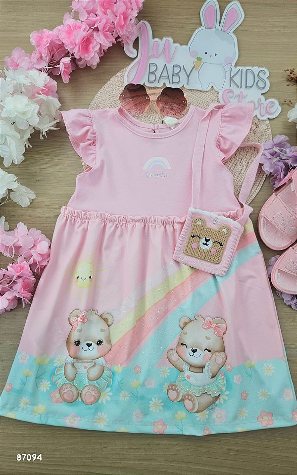 Vestido em Cotton e Malha Power(acompanha Bolsa em Retilínea) Infanti Bebê Menina