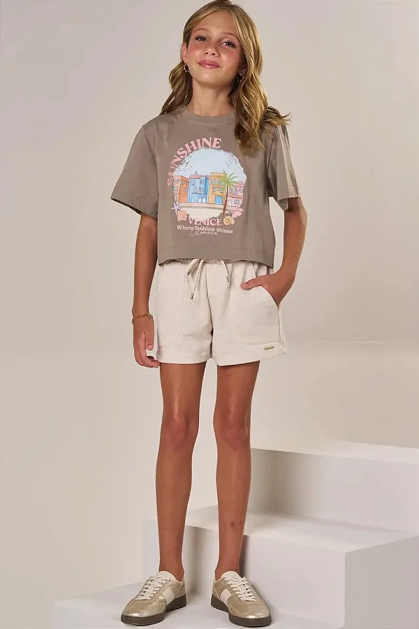 Shorts em Moletom sem Pelúcia Bege Lilimoon Teen Menina