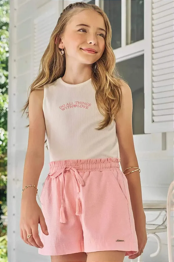 Conjunto de Blusa em Canelado Liz e Shorts em Visco Linho Stretch Lilimoon Teen Menina