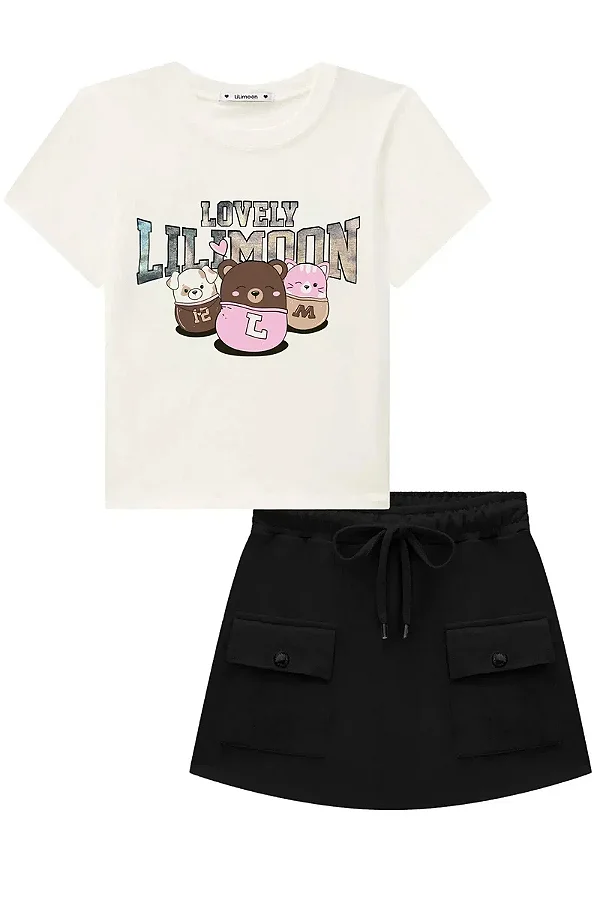 Conjunto de Blusa em Meia Malha e Short Saia em Moletom sem Pelúcia Lilimoon Teen Menina