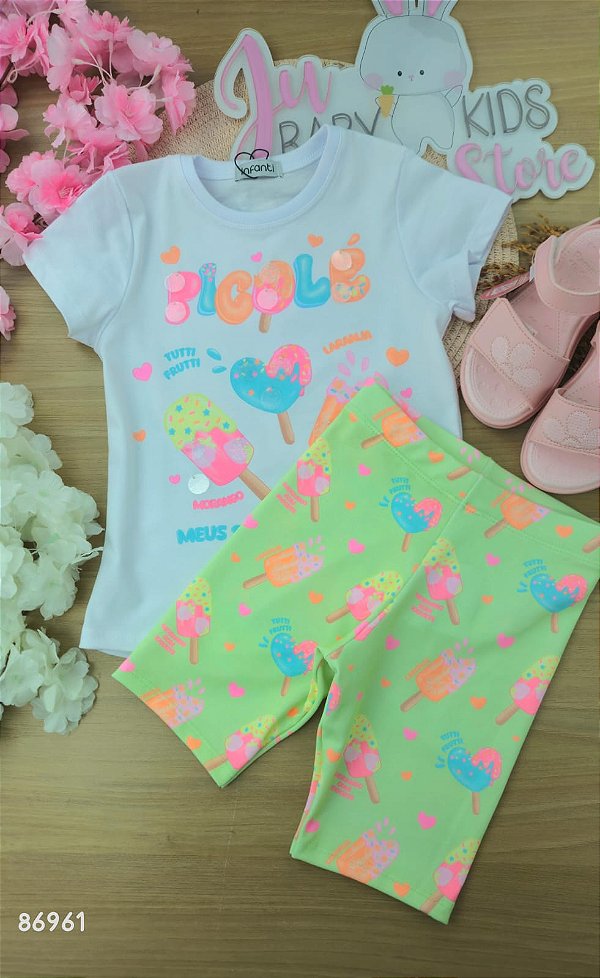 Conjunto de Blusa Alongada em Meia Malha e Biker em Malha Power Infanti Infantil Menina