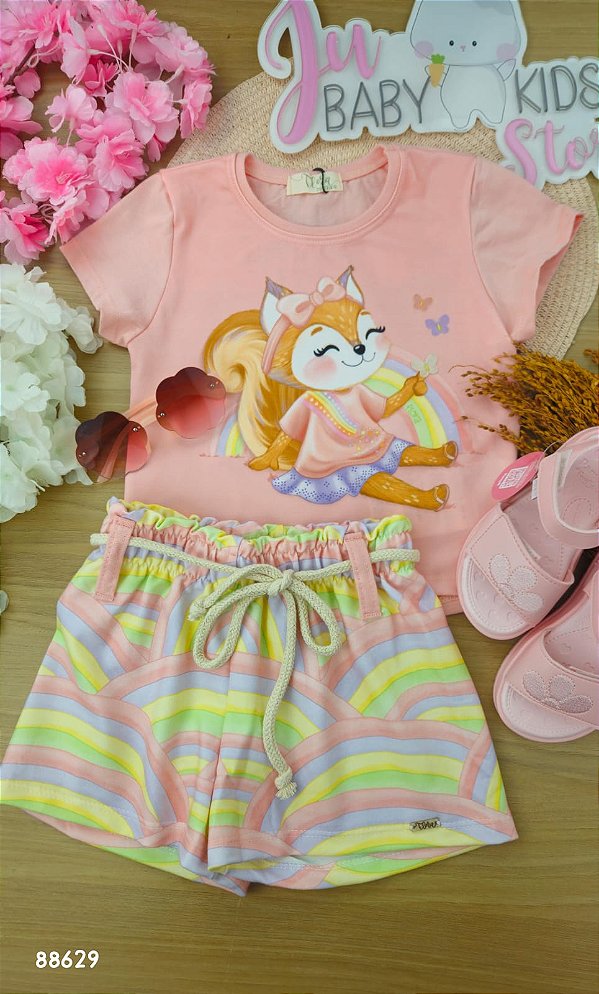 Conjunto de Blusa em Meia Malha com Shorts em Molecotton Infanti Infantil Menina