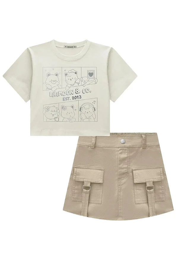 Conjunto de Blusa Boxy Over em Meia Malha e Short Saia em Sarja com Elastano Lilimoon Teen Menina