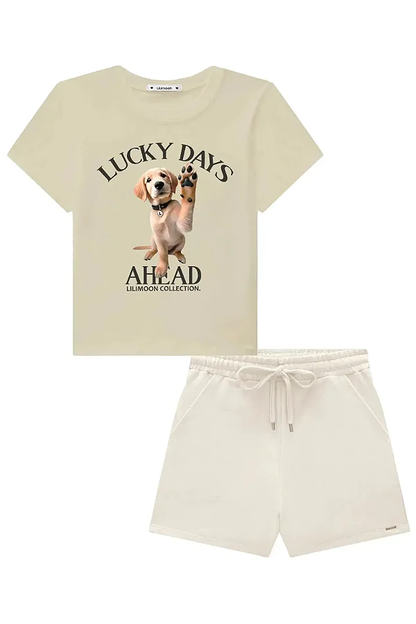 Conjunto de Blusa em Meia Malha e Shorts em Moletom sem Pelúcia Lilimoon Teen Menina