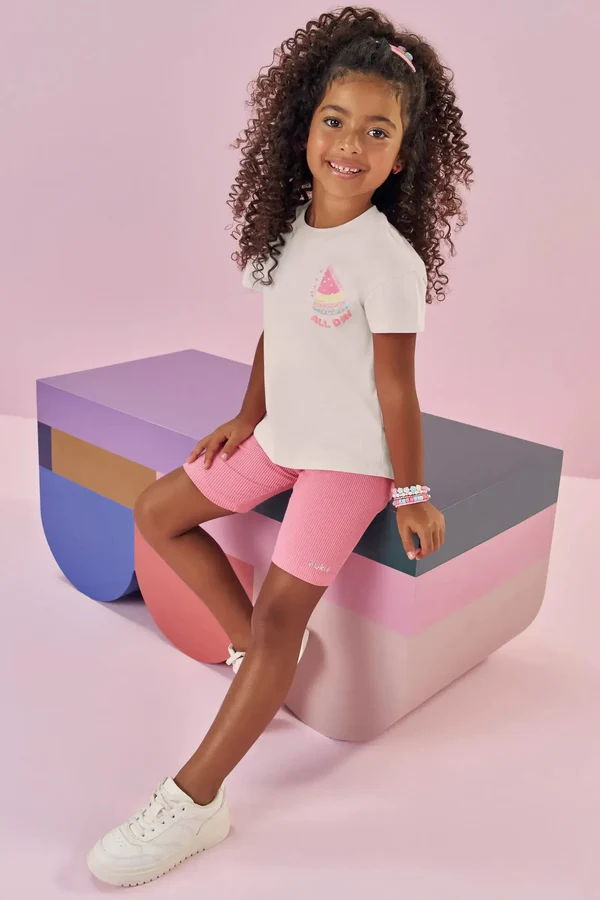 Conjunto de Camiseta em Meia Malha e Biker em Soft Line Kukiê Infantil Menina