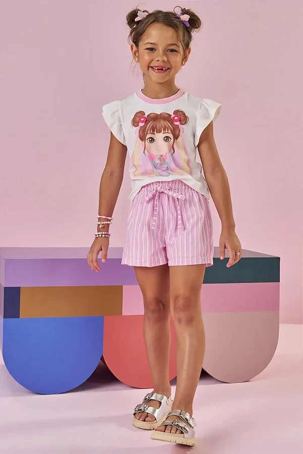 Conjunto de Blusa em Meia Malha e Shorts em Tricoline 100% Algodão Kukiê Infantil Menina