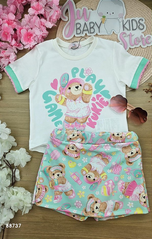 Conjunto de Blusa em Meia Malha e Short Saia em Molecotton Kukiê Infantil Menina