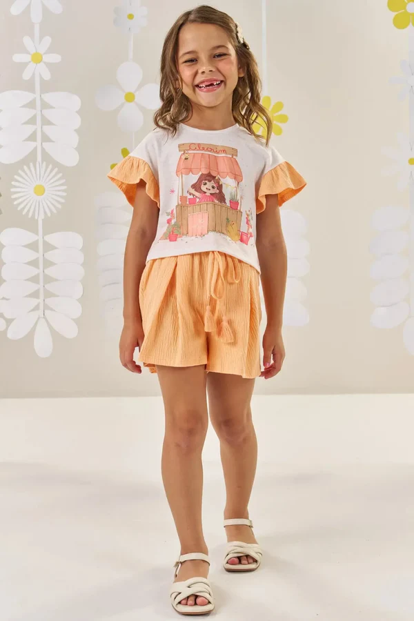 Conjunto de Blusa Boxy em Malha Fresh e Shorts em Malha Wave Kukiê Infantil Menina