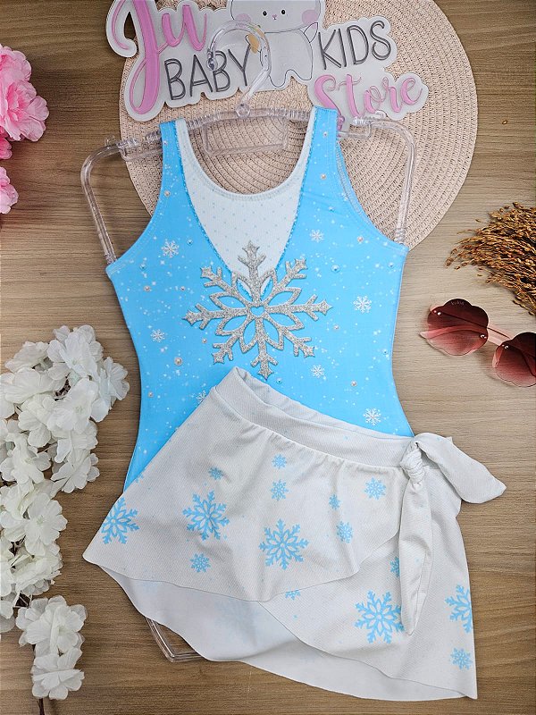 Conjunto Elsa Frozen de Maiô e Saia em Malha UV Dry com Proteção UV 50+ Infanti Infantil Menina