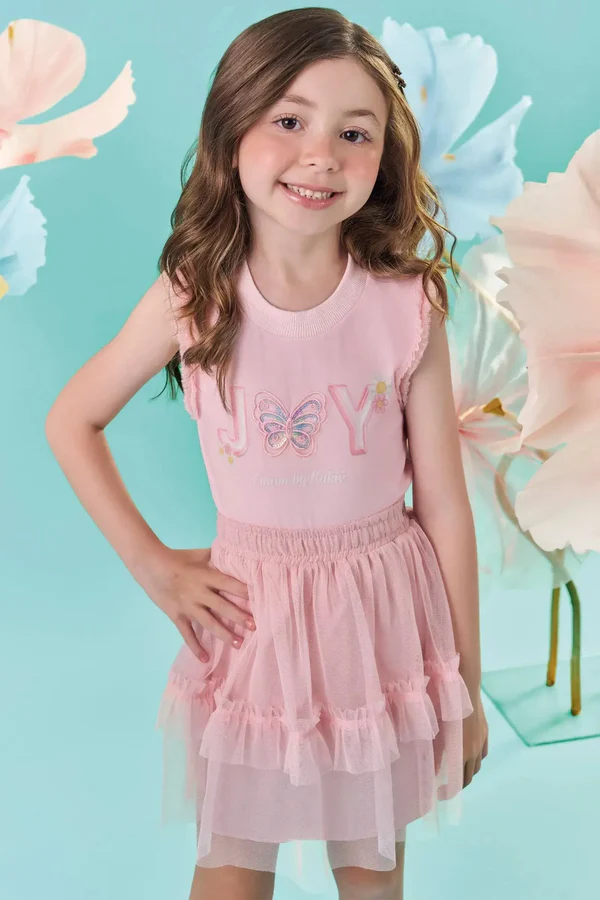 Conjunto de Blusa Boxy em Malha Power e Saia em Tule com Elastano com Shorts Embutido Kukiê Infantil Menina