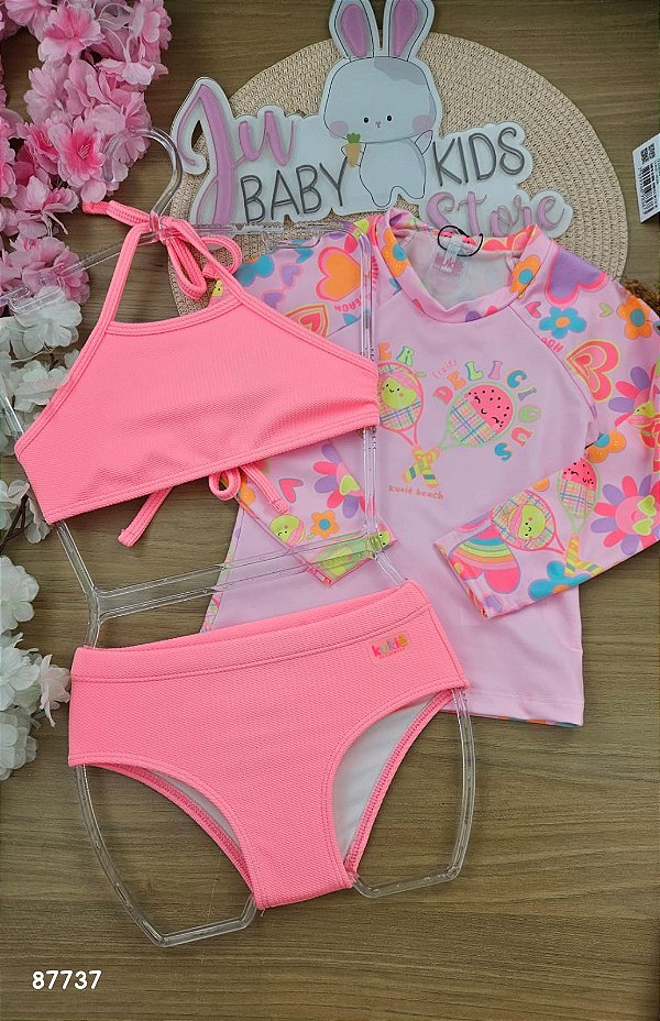 Conjunto de Biquíni em Malha Textura e Blusa em Malha com Proteção UV50+ Kukiê Infantil