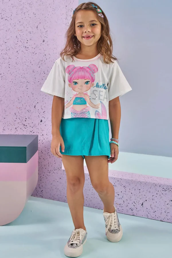 Conjunto de Blusa Boxy Over em Meia Malha e Short Saia em Blend de Viscose Kukiê Infantil Menina