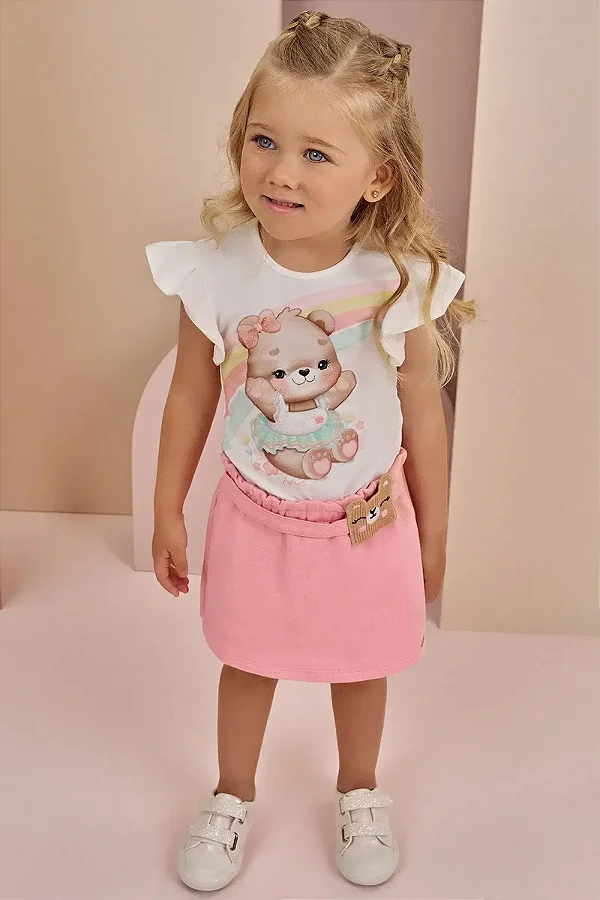 Conjunto de Blusa em Cotton com Short Saia em Moletom sem Pelúcia Infanti Bebê Menina