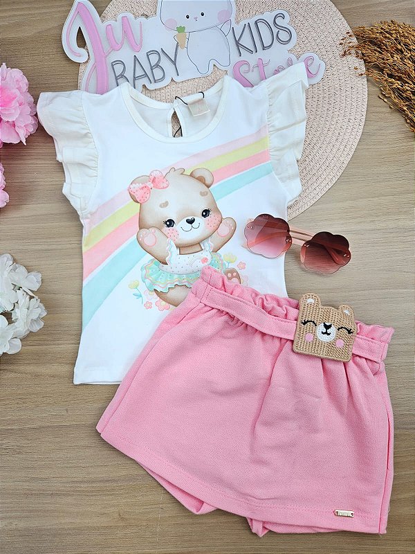 Conjunto de Blusa em Cotton com Short Saia em Moletom sem Pelúcia Infanti Bebê Menina