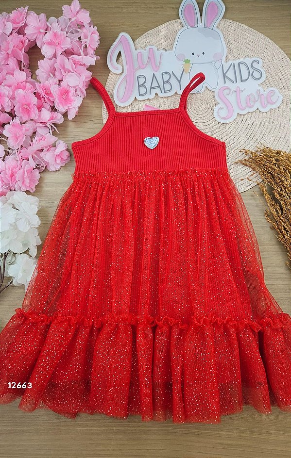 Vestido com Tule Vermelho Natal Cinti