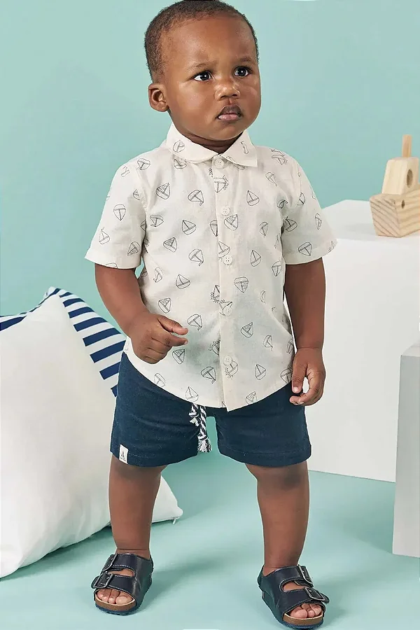 Conjunto de Camisa em Linho Deluxe e Bermuda em Sarja Caribe com Elastano LucBoo Bebê Menino