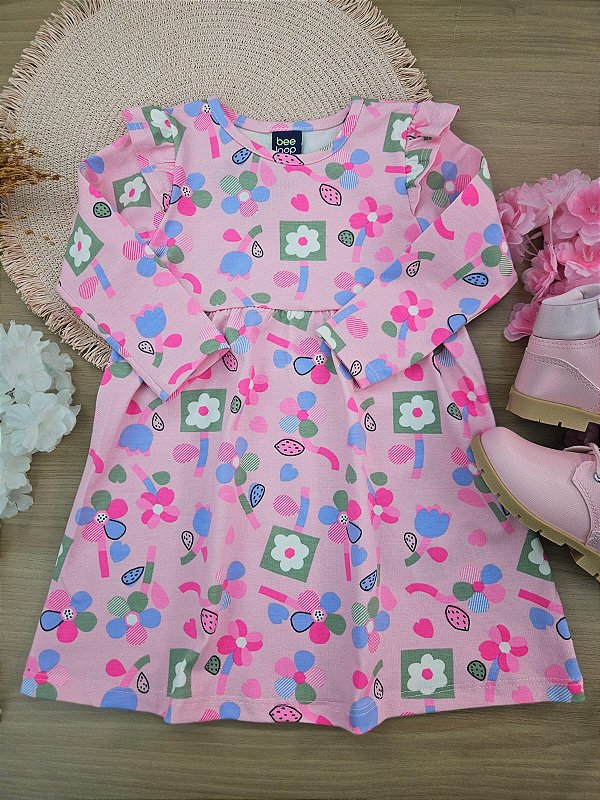 Vestido em Cotton Rosa Floral Bee Loop